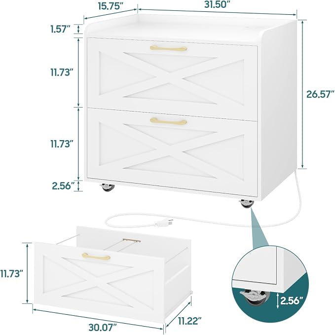 Halitaa Lateral File Cabinet 2 Drawers Mobile File Cabinet with Charging Station for Letter/Legal/A4 Size Hanging Files, Large Wood File Storage Cabinets Printer Stand for Home Office, Simple White