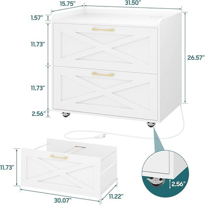 Halitaa Lateral File Cabinet 2 Drawers Mobile File Cabinet with Charging Station for Letter/Legal/A4 Size Hanging Files, Large Wood File Storage Cabinets Printer Stand for Home Office, Simple White