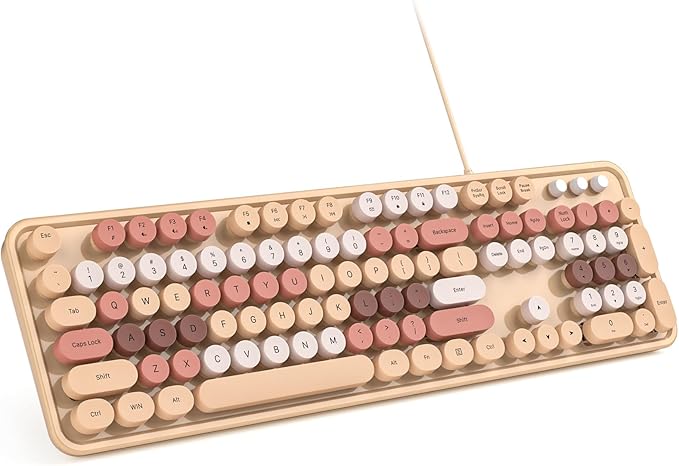 MOWUX Computer Keyboard Wired, Plug Play USB Retro Round Typewriter Keyboard, Full Size Wired Keyboard with Foldable Stands for Laptop and Office PC- Milk Tea Colorful