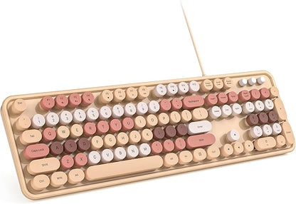 MOWUX Computer Keyboard Wired, Plug Play USB Retro Round Typewriter Keyboard, Full Size Wired Keyboard with Foldable Stands for Laptop and Office PC- Milk Tea Colorful