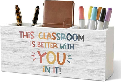 Boho Classroom Pencil Pen Holder for Desk Organizer, Inspirational Motivational Gifts, This Classroom Is Better with You in It Wooden Box Decorations for Kids Room Bedroom Desk Tabletop Decor