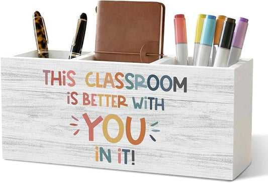 Boho Classroom Pencil Pen Holder for Desk Organizer, Inspirational Motivational Gifts, This Classroom Is Better with You in It Wooden Box Decorations for Kids Room Bedroom Desk Tabletop Decor