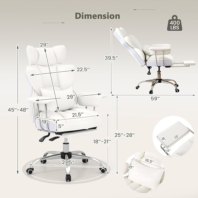 Giantex Office Desk Chair, Big and Tall Executive Office Chair with Foot Rest and Lumbar Support, High Back Leather Swivel Computer Task Chair, Large Ergonomic Reclining Home Office Chair, White