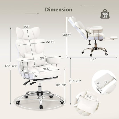 Giantex Office Desk Chair, Big and Tall Executive Office Chair with Foot Rest and Lumbar Support, High Back Leather Swivel Computer Task Chair, Large Ergonomic Reclining Home Office Chair, White