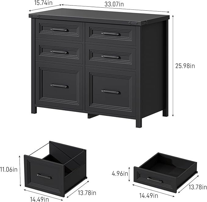 Halitaa 6 Drawer File Cabinets,Farmhouse Lateral Filing Cabinet Fits Letter and A4 Size, Wooden File Cabinet for Home Office, Printer Stand,Black