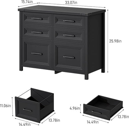 Halitaa 6 Drawer File Cabinets,Farmhouse Lateral Filing Cabinet Fits Letter and A4 Size, Wooden File Cabinet for Home Office, Printer Stand,Black