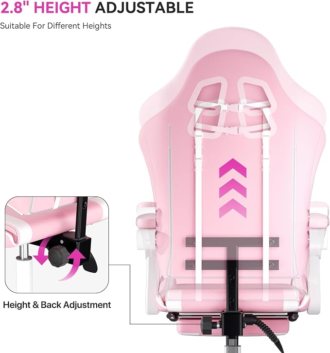 Gaming Chair, Ergonomic Computer Chairs with Arms, Lumbar Support, Footrest, Headrest 360°Swivel Chair, Adjustable Back and Height, Leather PC Chairs for Gaming, Study, Office, Pink