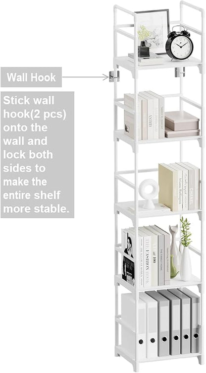 FIDUCIAL HOME 5 Tiers Narrow Bookshelf White Skinny Open Book Shelf | Slim Thin Small Spaces for Space Saving, Easy to Assemble, 12"L x 10"W x 57.2"H