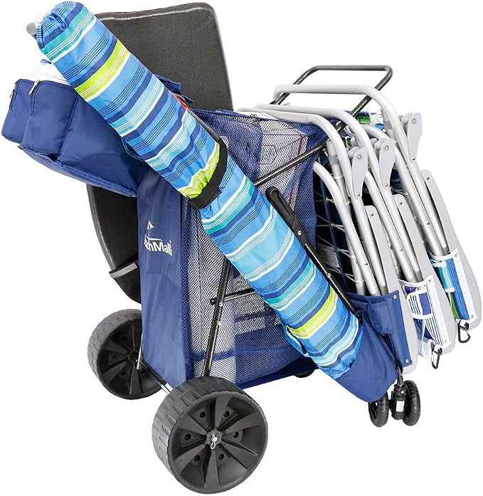 Ultimate Buggy Beach Cart with Big Wheels for Sand, Wide Wheel Wagon with Insulated Cooler Bag, Body Board and Umbrella Holder, 100 lbs Capacity