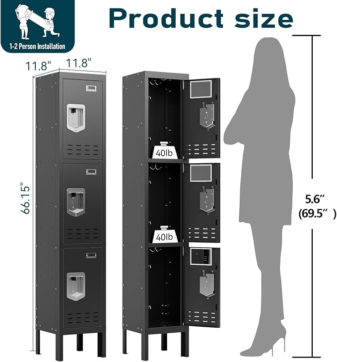 BUTISOW Metal Lockers - 66" Height Steel Lockers for Employees with 3 Door Storage Locker with Card Slot for Employees Gym School Home Office Garage - Assembly Required