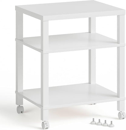 3-Tier Printer Stand with Wheels, Large Under Desk Rolling Cart for Office Storage, Heavy Duty Machine Stand with Adjustable Shelf, 22.04"x17.71"x26.54", White