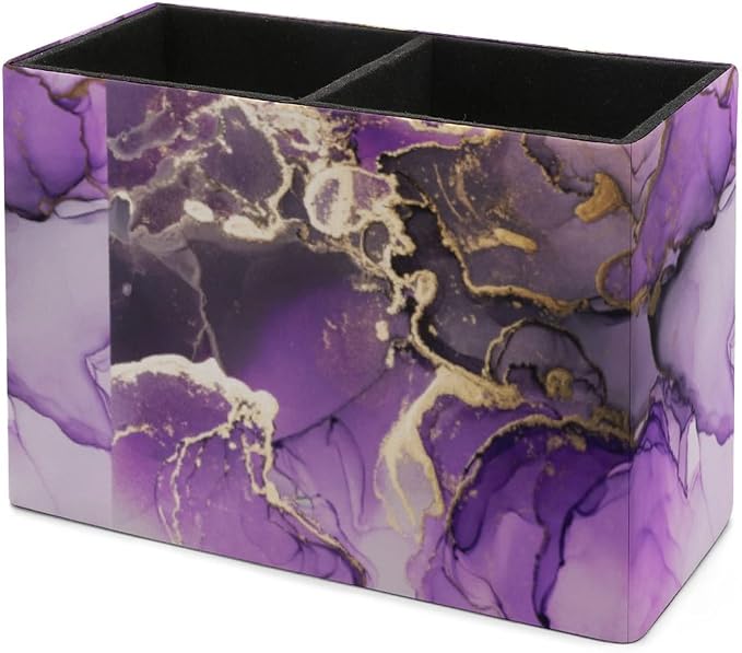 Niapessel Pencil Holder for Desk, Purple Golden Marble Pen Holder Storage Desktop Pen Organizer Desk Pencil Organizer Makeup Brush Holder for Office School College Leather