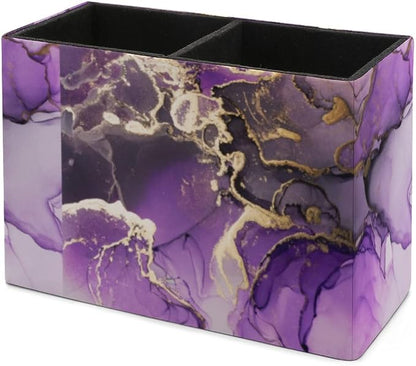Niapessel Pencil Holder for Desk, Purple Golden Marble Pen Holder Storage Desktop Pen Organizer Desk Pencil Organizer Makeup Brush Holder for Office School College Leather