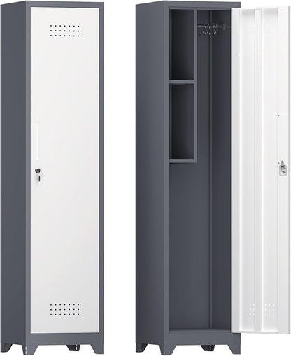 IRONFFICE Storage Cabinet,Slim Broom Closet Storage Cabinets with Lockable Doors,Narrow Utility Cabinets with Hanging Rod,Tall Broom Closet for Laundry,Home Office,Grey-White