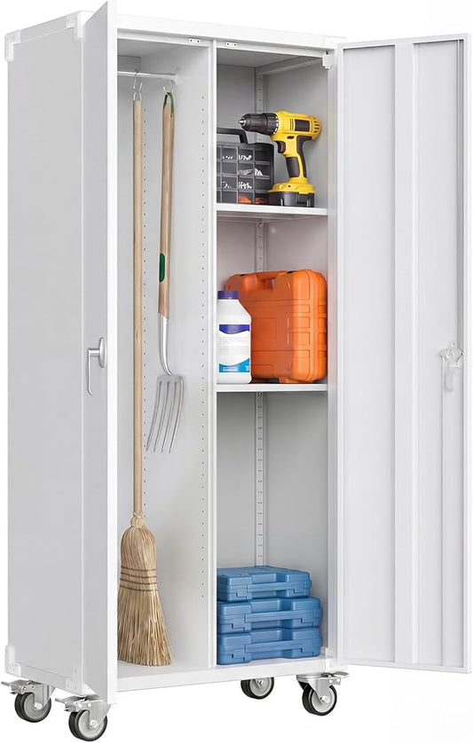 DUMOS 72" Metal Garage Storage Cabinet with Wheels, Tall Rolling Steel Tool Organizer with Adjustable Shelves and Locking Doors, Lockable File Cabinet for Garage, Home, Office, Warehouse, White