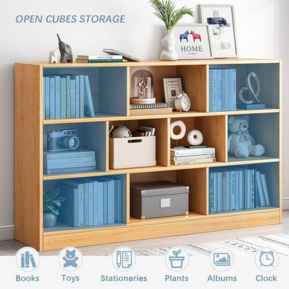 IOTXY Open Shelf Low Bookcase - Wooden 3-Tier Floor Standing Display Cabinet Organizer with Base, 10 Cubes Short Horizontal Bookshelf in Warm White