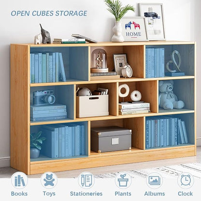 IOTXY Open Shelf Low Bookcase - Wooden 3-Tier Floor Standing Display Cabinet Organizer with Base, 7 Cubes Short Horizontal Bookshelf in Bright Blue