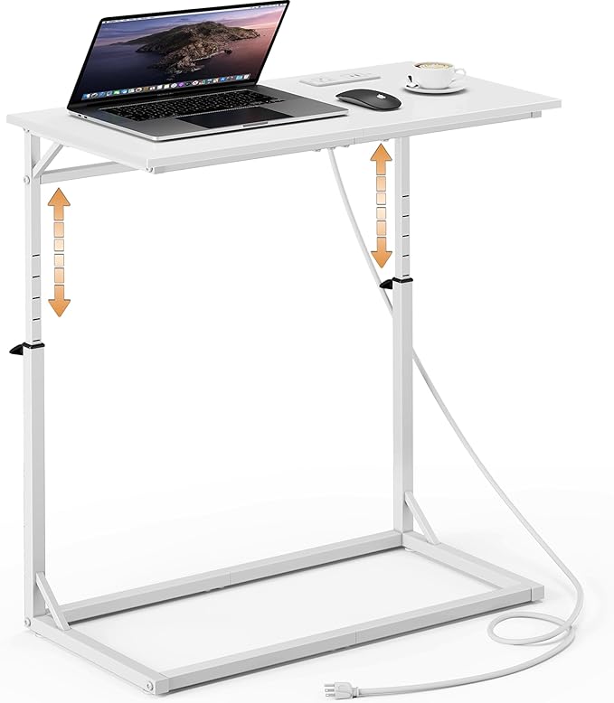 Vagusicc C Shaped End Table with Charging Station, C-Table End Table Adjustable Height Side Table for Couch, Large Couch Table, Slide Under Sofa Table TV Tray Arm Table for Living Room, Bedroom, White