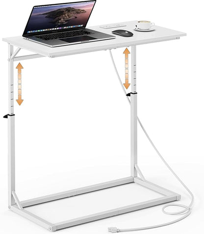 Vagusicc C Shaped End Table with Charging Station, C-Table End Table Adjustable Height Side Table for Couch, Large Couch Table, Slide Under Sofa Table TV Tray Arm Table for Living Room, Bedroom, White