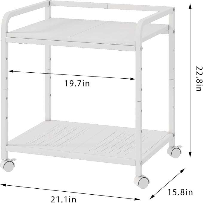 21"x15.8" Large Printer Stand with Storage, 2-Tier Under Desk Printer Table, Rolling Printer Cart with Lockable Wheels for Home, Office (White)