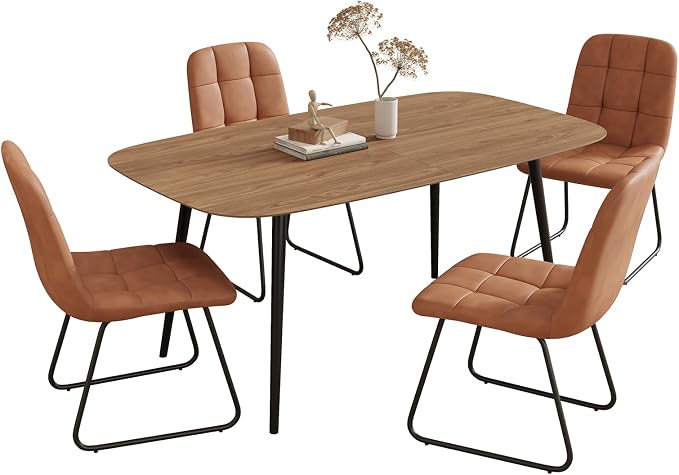 HIPIHOM 55.1'' Dining Table Set for 4,Modern Wood Dining Table,Leather Dining Chairs 4,Table and Chairs Set of 4,Ideal for Kitchen Dining Room (Walnut Color Table + 4 U-Shaped Brown Chairs, 55.1")