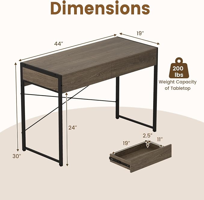 Giantex Computer Desk with 2 Drawers, 44 Inch Home Office Desk with Anti-Toppling Device & Metal Frame, Compact Laptop PC Table, Vanity Table, Modern Study Writing Desk for Small Spaces (Grey Oak)