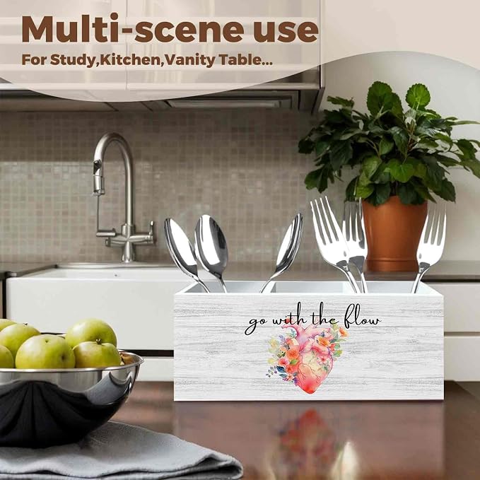 Nurse Office Pencil Pen Holder for Desk Organizer, Nurse Appreciation Gifts, Nursing Week Gifts, Go with the Flow Flower Heart Wooden Box Decorations for Office Desk Tabletop Decor