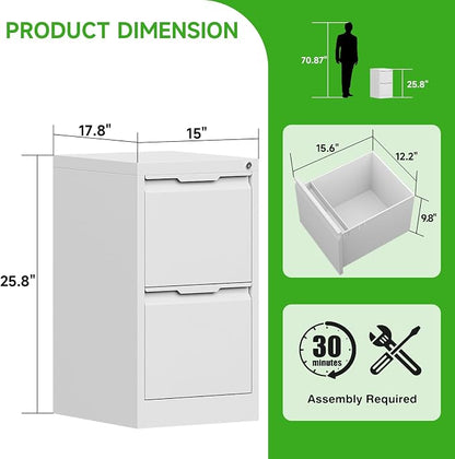 2 Drawer File Cabinet with Lock, Heavy Duty Steel Under Desk Vertical Filing Cabinet for Home Office Use, Printer Stand with Drawers, for A4/Letter-Size Files, Easy to Assemble, White