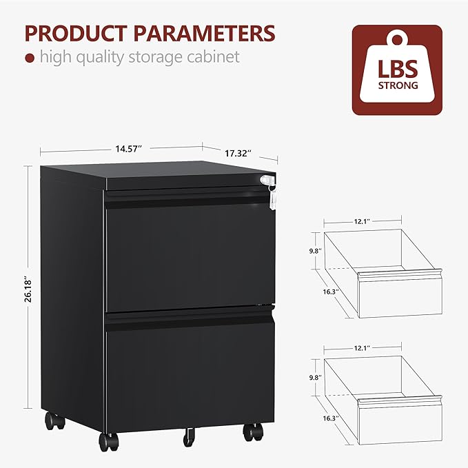 RAVIGIN 2 Drawer File Cabinet，Mobile Filing Cabinet with Lock and Wheels，Fully Assembled Metal Under Desk File Cabinets for A4/Letter/Legal Size（Black