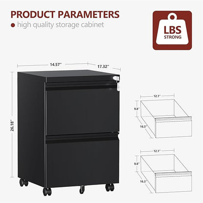 RAVIGIN 2 Drawer File Cabinet，Mobile Filing Cabinet with Lock and Wheels，Fully Assembled Metal Under Desk File Cabinets for A4/Letter/Legal Size（Black