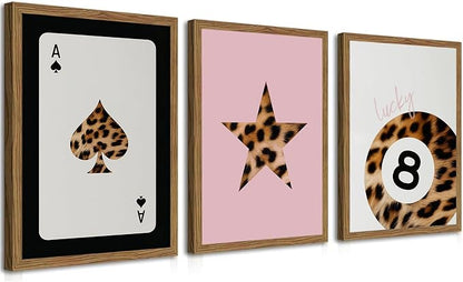 Pink and Black Leopard Wall Art, Lucky Girl 8 Ball Wall Decor Set of 3 Cheetah Lucky Star Poster Canvas Prints, Coquette Modern Teen Pictures for Bedroom Living Room 16x24 inch Framed