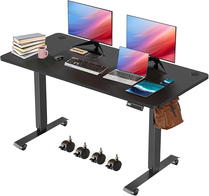 48'' X 24'' Standing Desk Adjustable Height, Ergonomic Home Office Computer Workstations with Wheels, Double Hooks, 4 Memory Preset, 27''-45'' Lifting Range Stand Up Desk(Black)