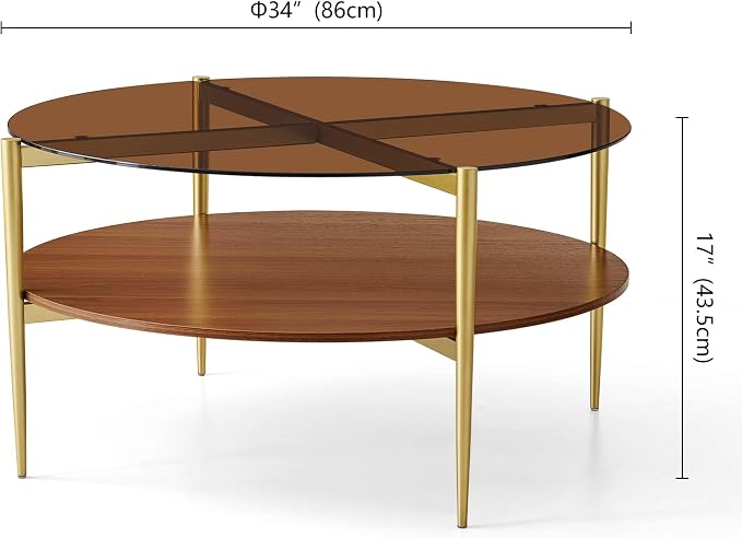 LumFurn Extra Large Round Coffee Table, Mid-Century Modern Design, D34 x H17 in, for Living Room, 2-Tier Structure, Amber Glass Top and Walnut MDF Shelf, Sleek Conical Metal Legs with Gold Finish