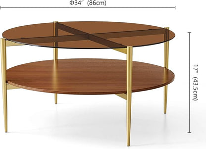 LumFurn Extra Large Round Coffee Table, Mid-Century Modern Design, D34 x H17 in, for Living Room, 2-Tier Structure, Amber Glass Top and Walnut MDF Shelf, Sleek Conical Metal Legs with Gold Finish