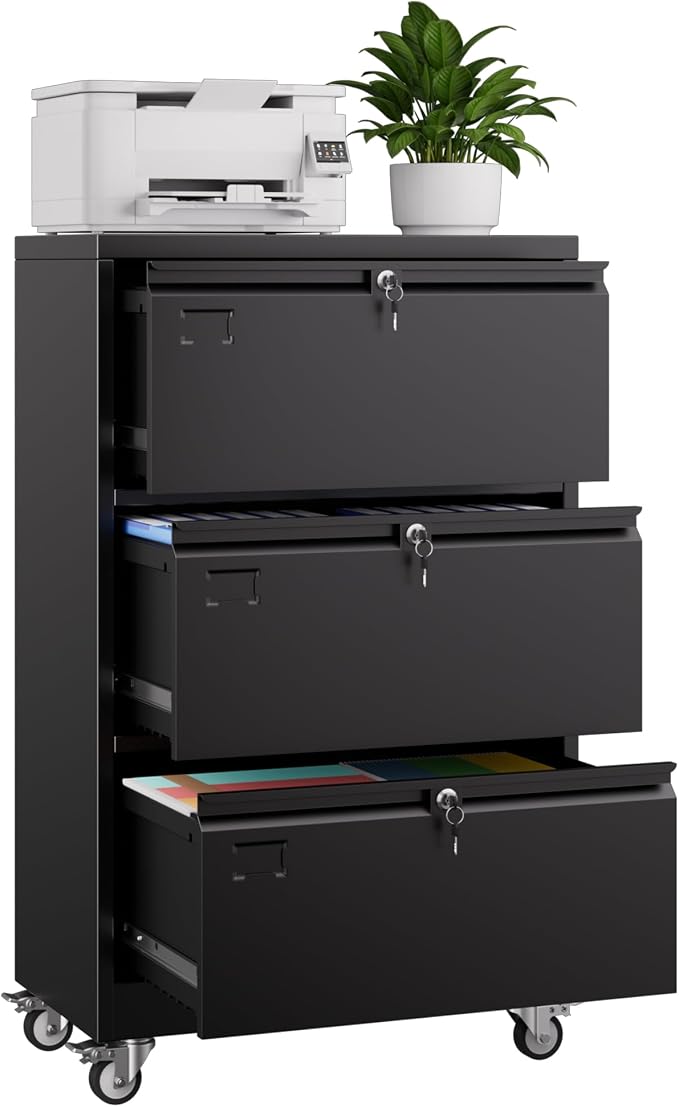 Aobabo 3 Drawer Lateral File Cabinet with Wheels, Lockable Metal Filing Cabinet for Home Office, Legal/Letter Size,Black,Required Assembled