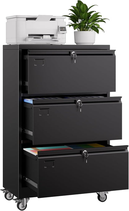 Aobabo 3 Drawer Lateral File Cabinet with Wheels, Lockable Metal Filing Cabinet for Home Office, Legal/Letter Size,Black,Required Assembled