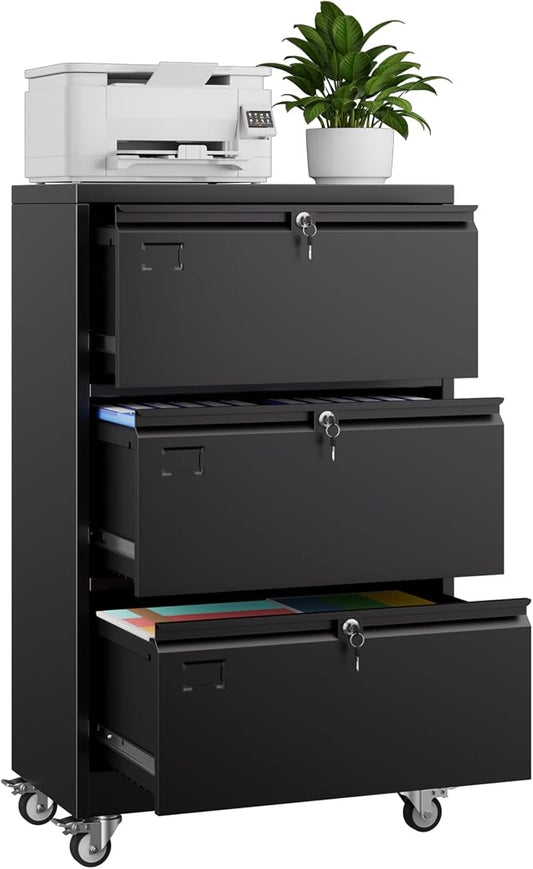 Aobabo 3 Drawer Lateral File Cabinet with Wheels, Lockable Metal Filing Cabinet for Home Office, Legal/Letter Size,Black,Required Assembled