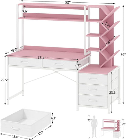 YOMILUVE Reversible Computer Desk with Hutch, Home Office Desk with 5 Drawers and Bookshelf, 52'' Study Writing Desk with Storage Shelves for Bedroom Home Office, Pink