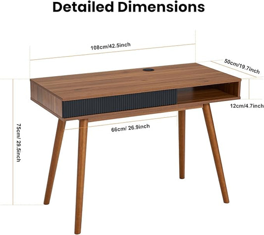 Artswish Mid Century Modern Office Desk with Drawer & Open Cubby, 42.5" Walnut Writing Desk with Cable Grommet, Solid Wood Legs, Simple Home Office Desk for Bedroom Study, Walnut