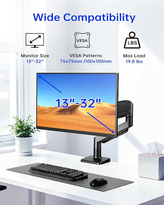 Single Monitor Stand for 13 to 32 inch Screens, Gas Spring Monitor Arm with Swivel, Tilt, Rotation, Height Adjustable, Desk Mount with C-Clamp and Grommet Base, Holds 4.4 to 19.8lbs Screen, Black