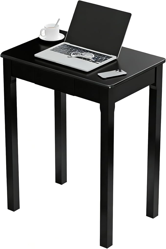 Solid Wood Desk with Drawers - 24 x 16 Inch Simple Narrow Desks, Rubber Wood Study Table, Small Writing Desk for Small Spaces|Bedroom - Modern Black Desks