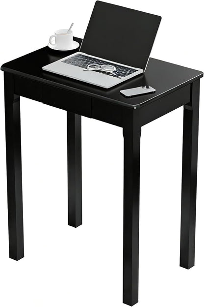 Solid Wood Desk with Drawers - 24 x 16 Inch Simple Narrow Desks, Rubber Wood Study Table, Small Writing Desk for Small Spaces|Bedroom - Modern Black Desks