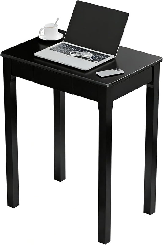 Solid Wood Desk with Drawers - 24 x 16 Inch Simple Narrow Desks, Rubber Wood Study Table, Small Writing Desk for Small Spaces|Bedroom - Modern Black Desks