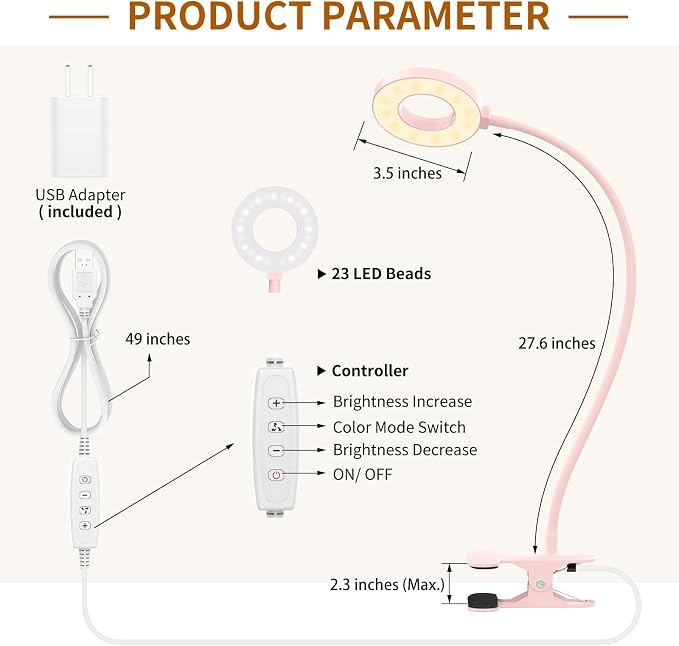 iZELL LED Desk Lamp with Clamp, Reading Light with 3 Color Modes & 10 Brightness Levels, Flexible Arm Book Light for Kids Reading in Bed at Night, Clip on Table, Computer, Zoom Meetings - 27.6'' Pink
