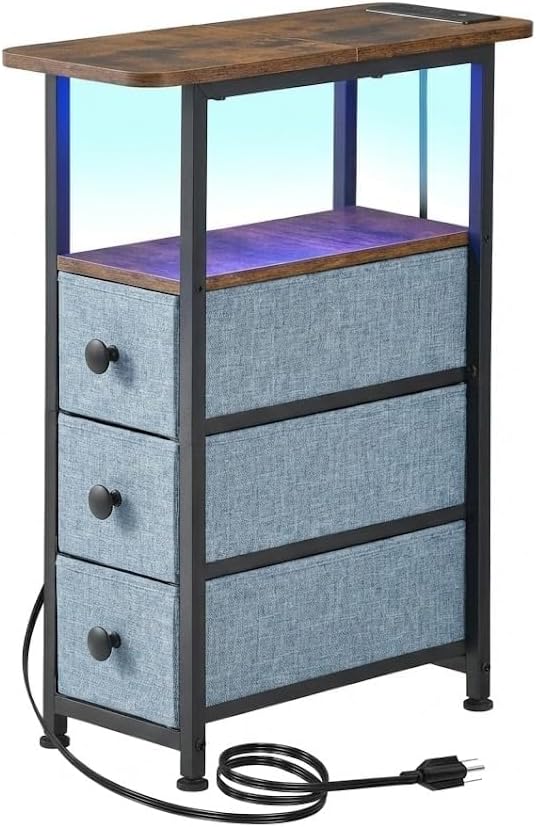DALEMHOME Narrow End Table with Charging Station, Narrow Side Table with Drawer, Small Nightstand with LED Light, Skinny Nightstand, Small Bedside Table for Living Room, Grey