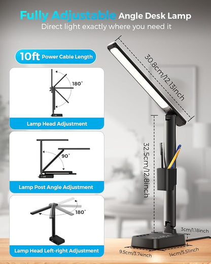 LED Desk Lamp with Power Strip, 3 AC Outlets & 4 USB Ports (2 USB-C), Stepless Dimming & 2800K-6500K Eye-Caring Desk Light, Foldable Table Lamp for Home Office, Dorm Room Essentials(10FT)