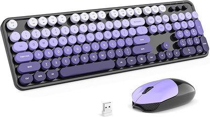 MOFII Wireless Keyboard and Mouse Combo, Full Size 2.4G Plug and Play Typewriter Retro Round Computer Keyboard and Mouse Set for Windows, Computer, Desktop, PC, Notebook - (Black Purple Gradient)