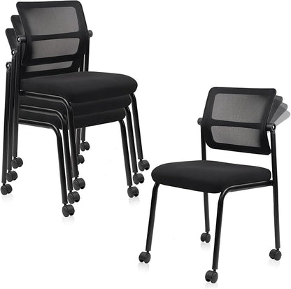 CLATINA 4PK Mesh Stacking Office Desk Chairs with Wheels, Portable Stackable Bulk Waiting Room Armless Chair with Adjustable Back & Fabric Seat for Guest Lobby Side School Church Conference Break
