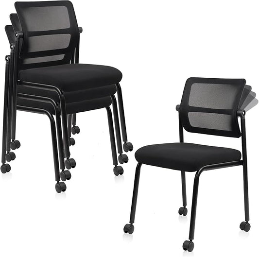 CLATINA 4PK Mesh Stacking Office Desk Chairs with Wheels, Portable Stackable Bulk Waiting Room Armless Chair with Adjustable Back & Fabric Seat for Guest Lobby Side School Church Conference Break
