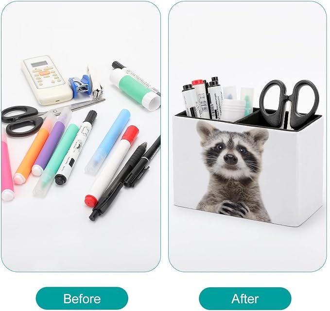 Niapessel Pencil Holder for Desk, Cute Funny Raccoon Pen Holder Storage Desktop Pen Organizer Desk Pencil Organizer Makeup Brush Holder for Office School College Leather